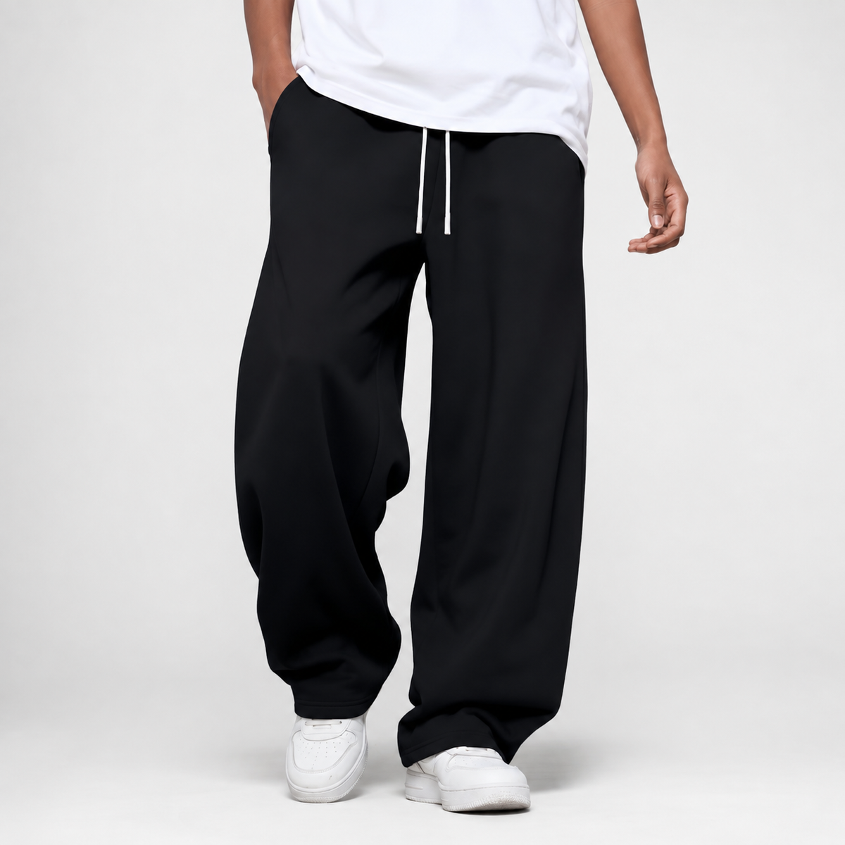 Pantaloni della tuta da uomo larghi a gamba dritta, joggers con coulisse e tasche per sport e tempo libero - Nero