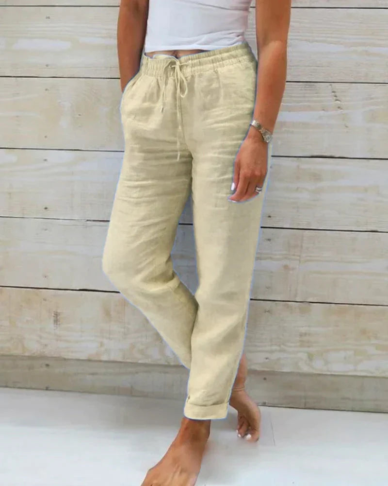 Pantaloni di lino da donna, dritti con elastico in vita e tasche laterali, estivi e casual - Beige