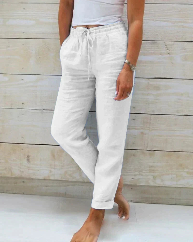 Pantaloni di lino da donna, dritti con elastico in vita e tasche laterali, estivi e casual - Bianco