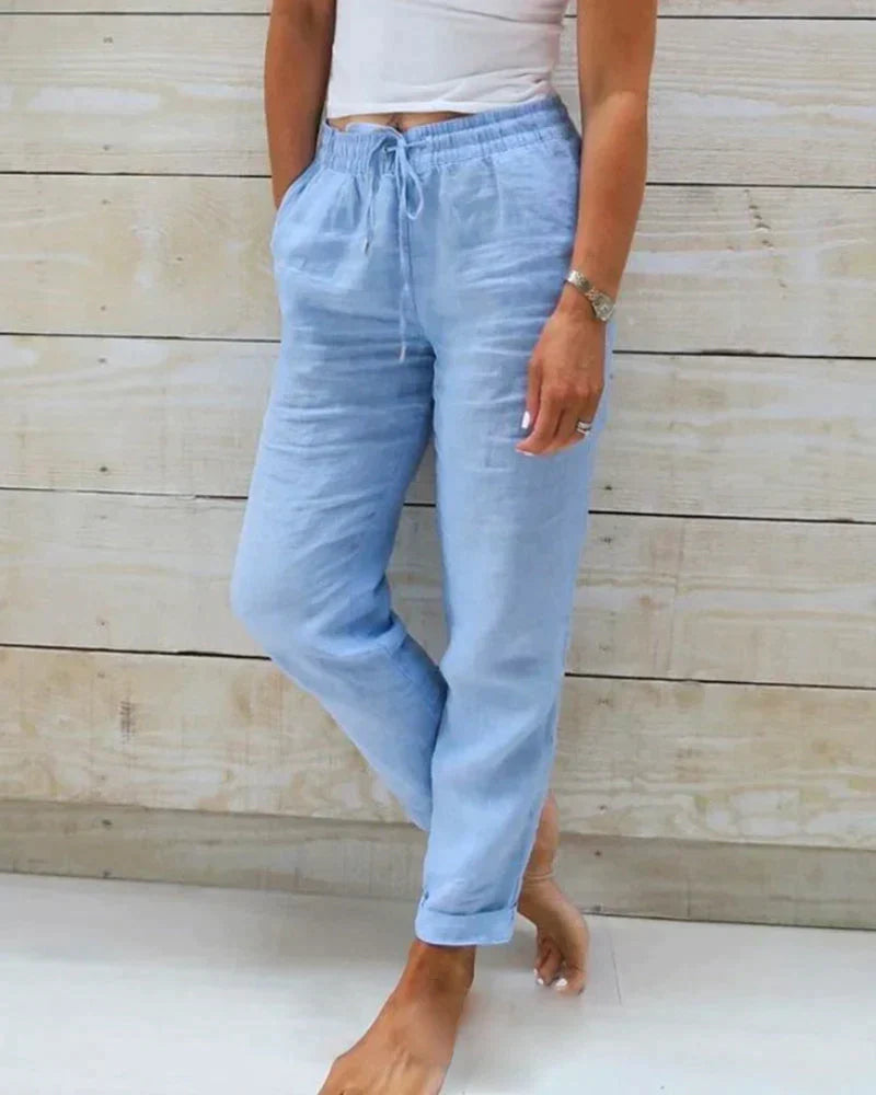 Pantaloni di lino da donna, dritti con elastico in vita e tasche laterali, estivi e casual - Blu