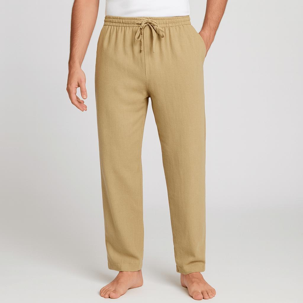 Pantaloni di lino da uomo, casual e traspiranti con elastico in vita, per l'estate - Cachi