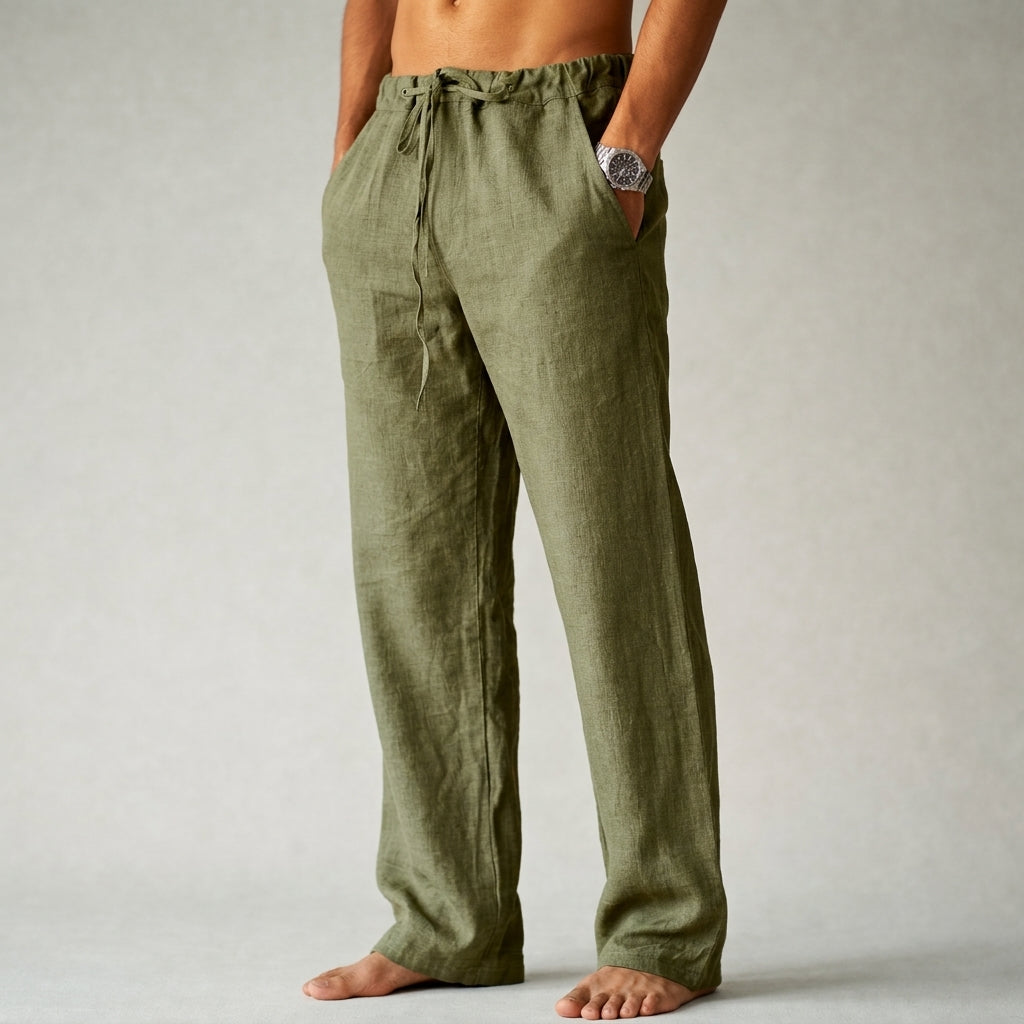 Pantaloni di lino da uomo con coulisse e vestibilità comoda, per l'estate e la spiaggia - Verde
