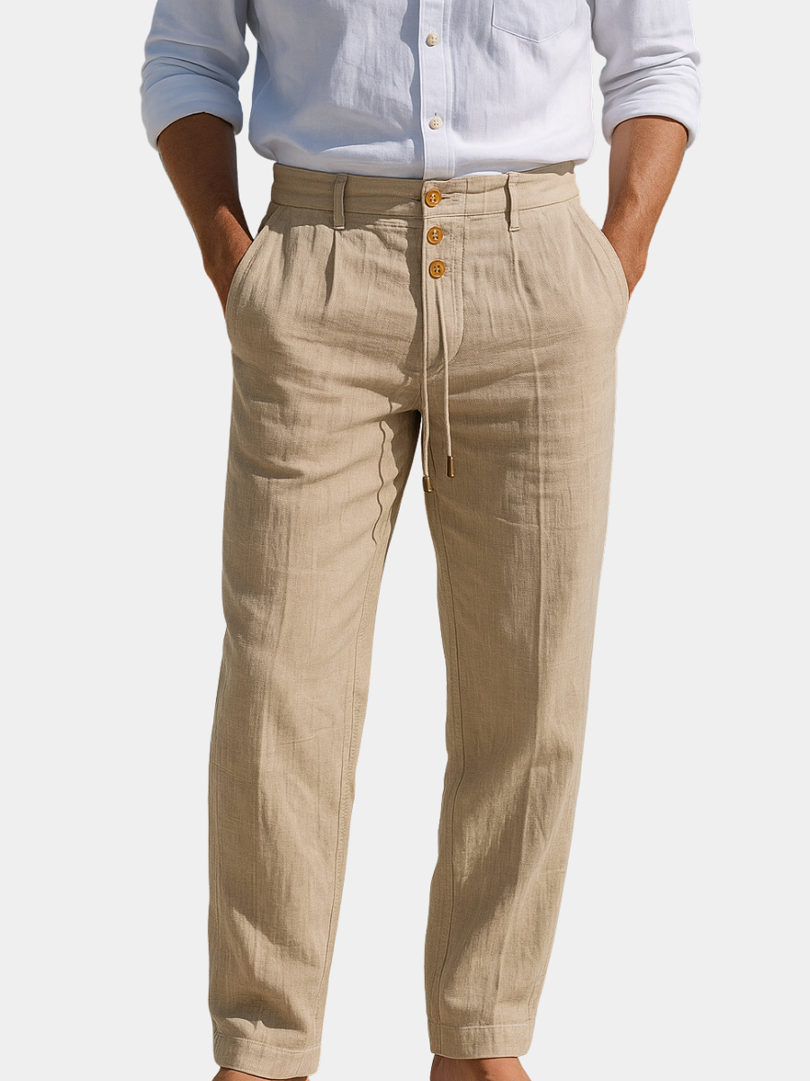 Pantaloni di lino da uomo, leggeri ed estivi con vita a coulisse, per spiaggia e cerimonia - view 7