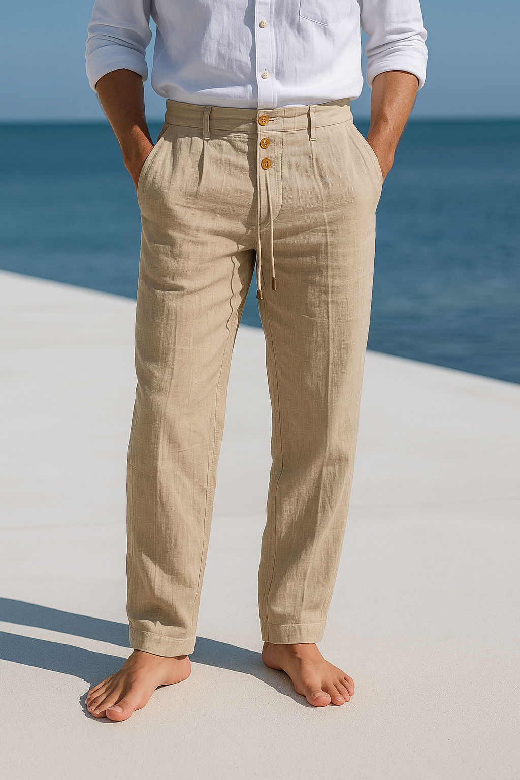 Pantaloni di lino da uomo, leggeri ed estivi con vita a coulisse, per spiaggia e cerimonia - Cachi