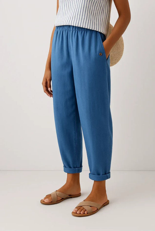 Pantaloni estivi da donna effetto lino, leggeri e comodi con coulisse in vita - Blu