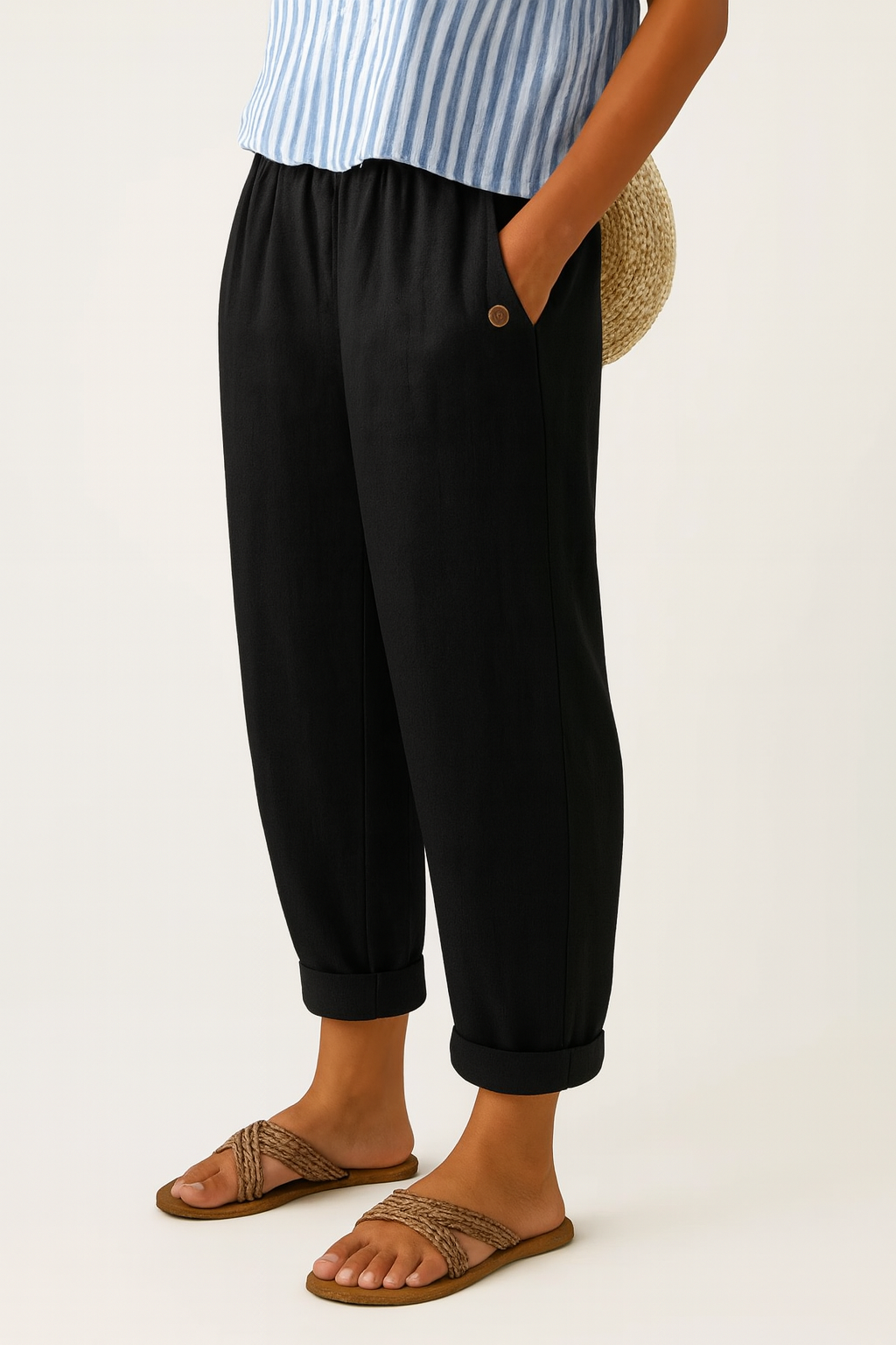Pantaloni estivi da donna effetto lino, leggeri e comodi con coulisse in vita - Nero