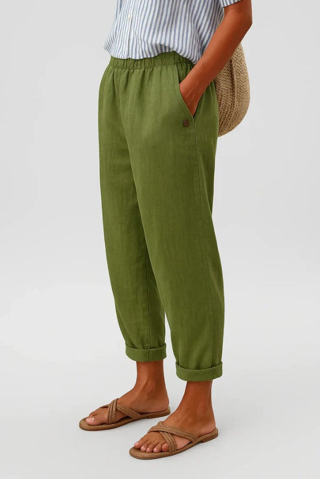 Pantaloni estivi da donna effetto lino, leggeri e comodi con coulisse in vita - Verde