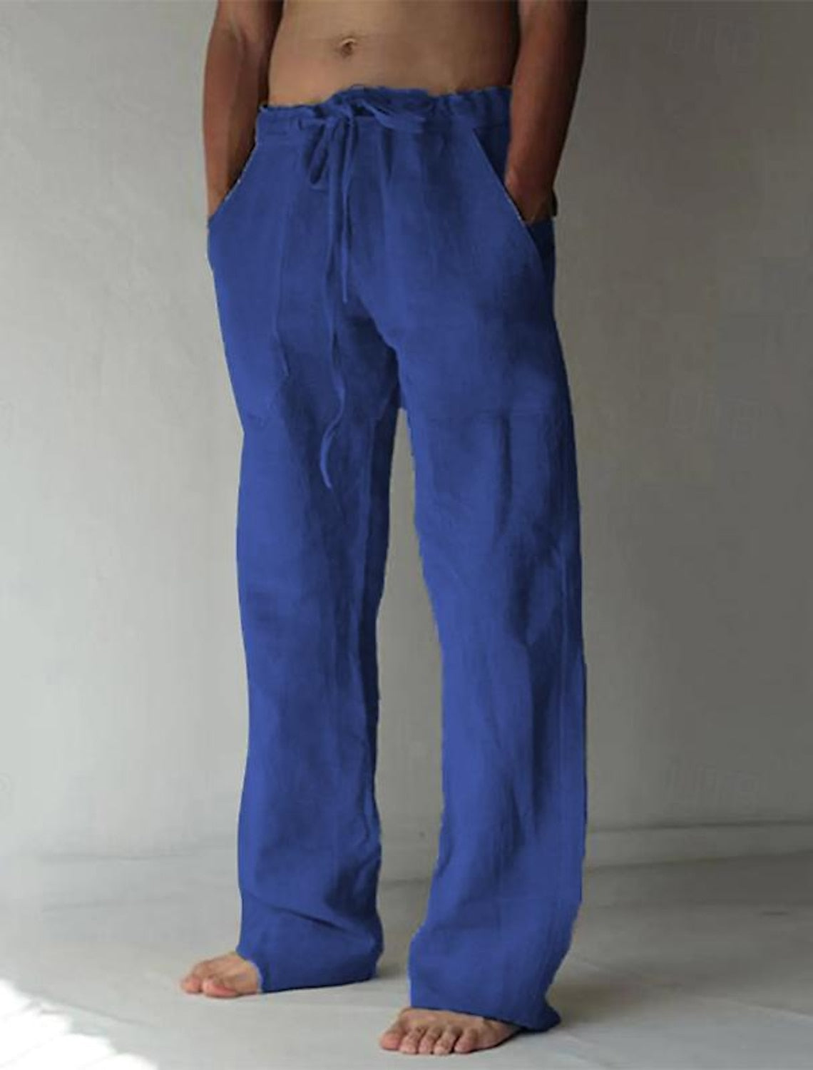 Pantaloni in misto lino da uomo dal taglio ampio, casual per l'estate, con coulisse in vita - Blu scuro