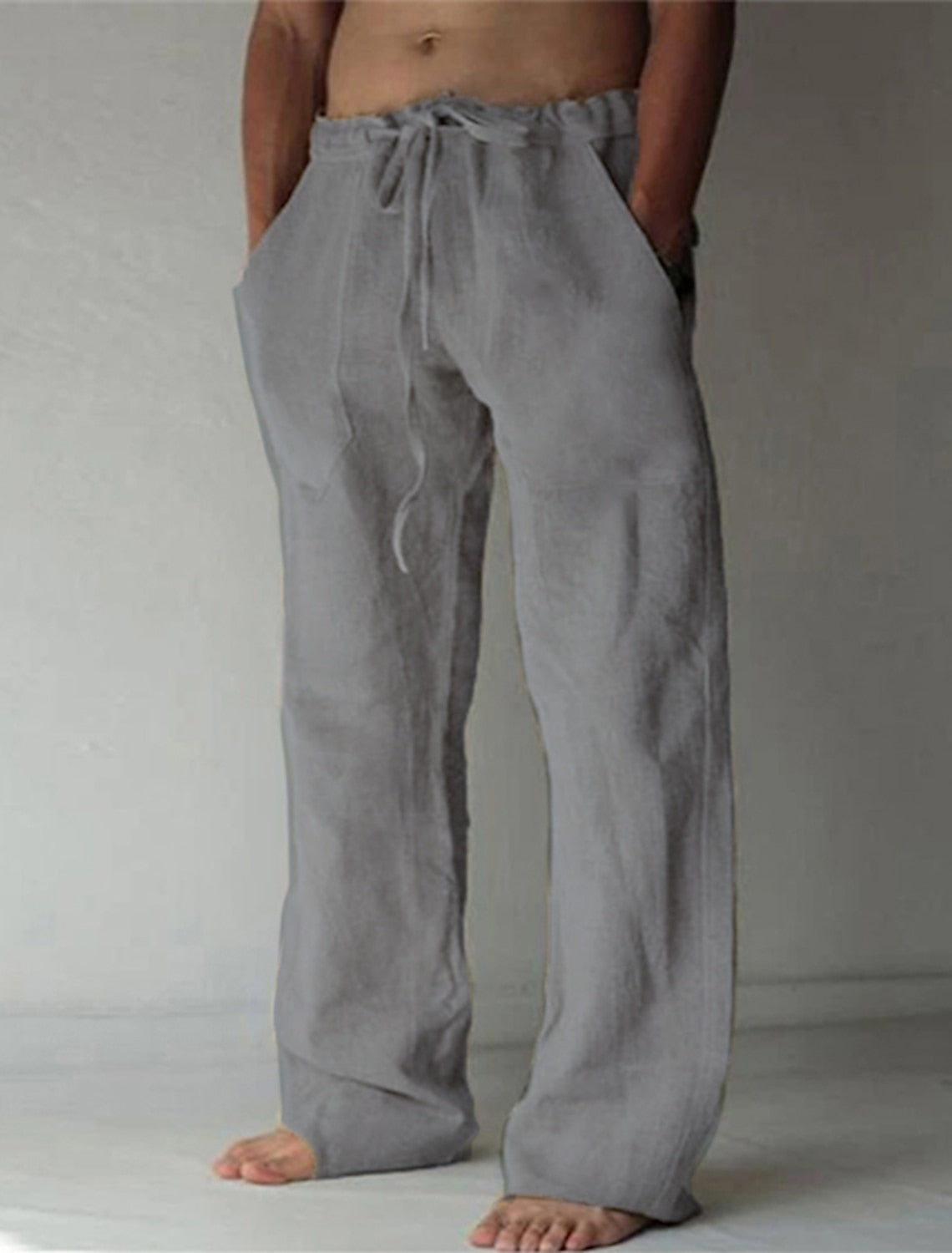 Pantaloni in misto lino da uomo dal taglio ampio, casual per l'estate, con coulisse in vita - Grigio scuro
