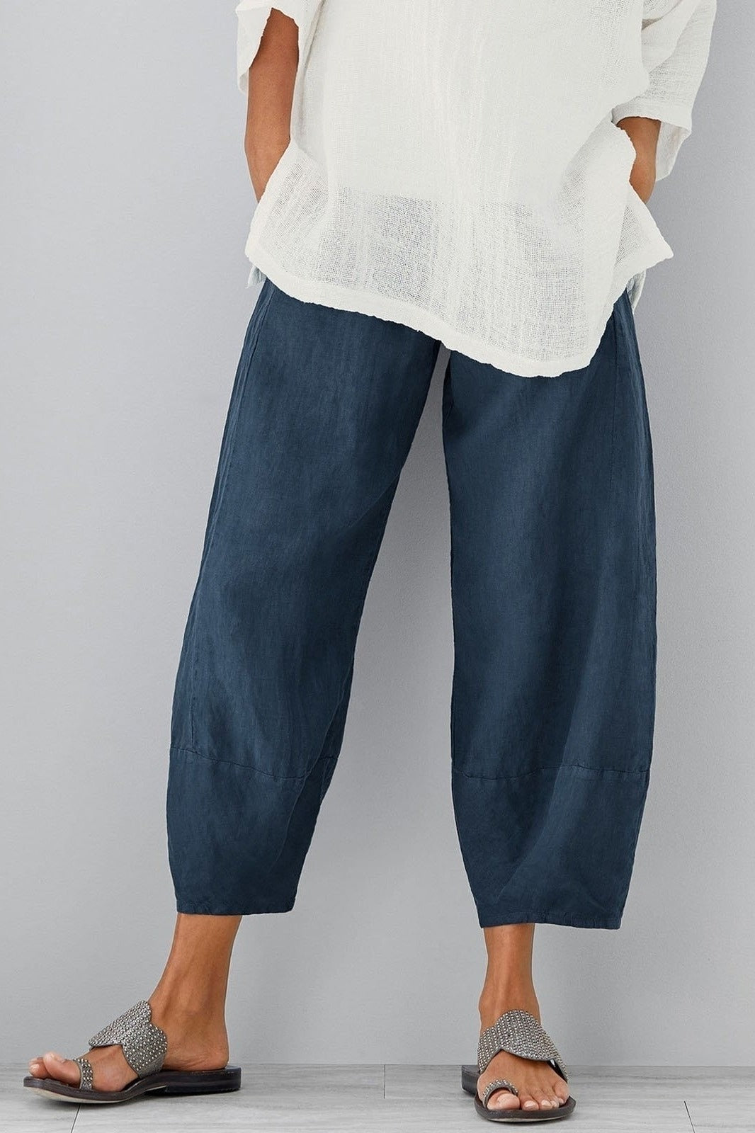 Pantaloni larghi da donna con tasche e vita elastica, comodi e casual per l'estate - Blu navy