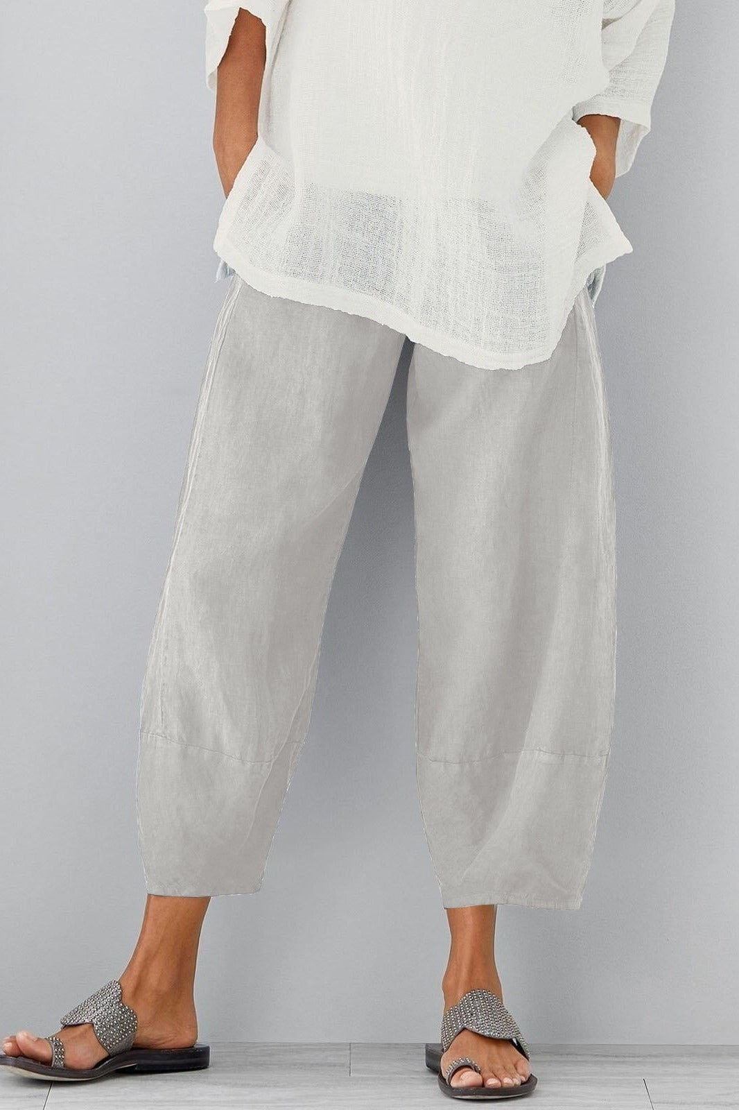 Pantaloni larghi da donna con tasche e vita elastica, comodi e casual per l'estate - Grigio chiaro