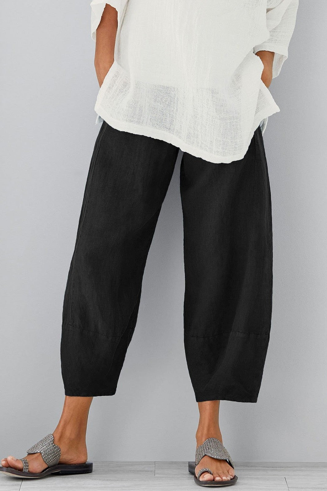 Pantaloni larghi da donna con tasche e vita elastica, comodi e casual per l'estate - Nero