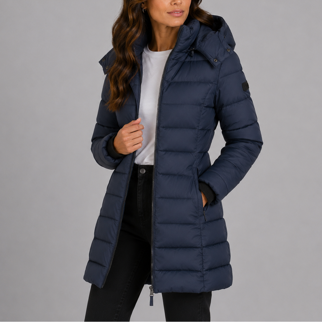 Piumino da donna con cappuccio trapuntato, giacca invernale lunga e slim - Blu navy