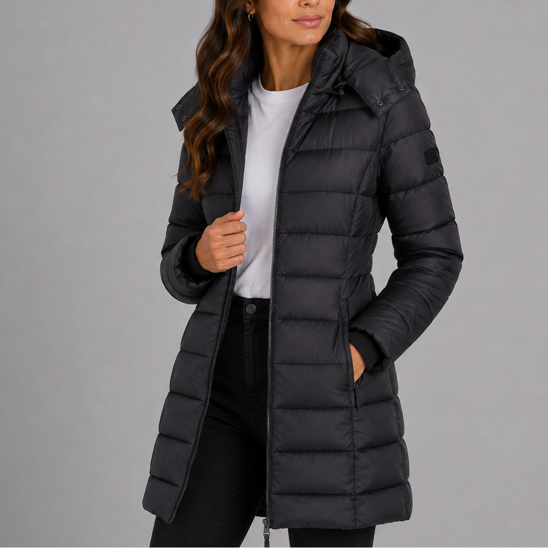 Piumino da donna con cappuccio trapuntato, giacca invernale lunga e slim - Nero