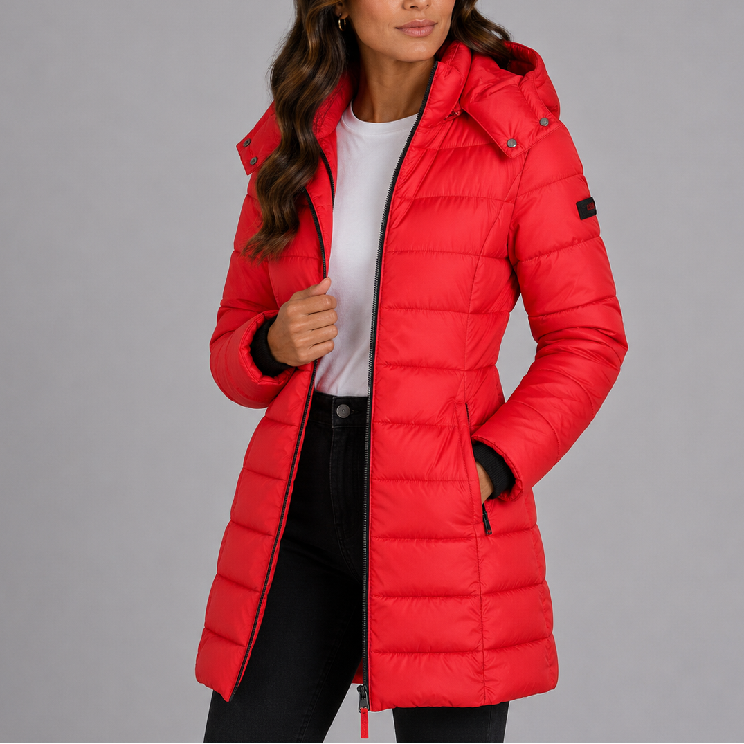 Piumino da donna con cappuccio trapuntato, giacca invernale lunga e slim - Rosso