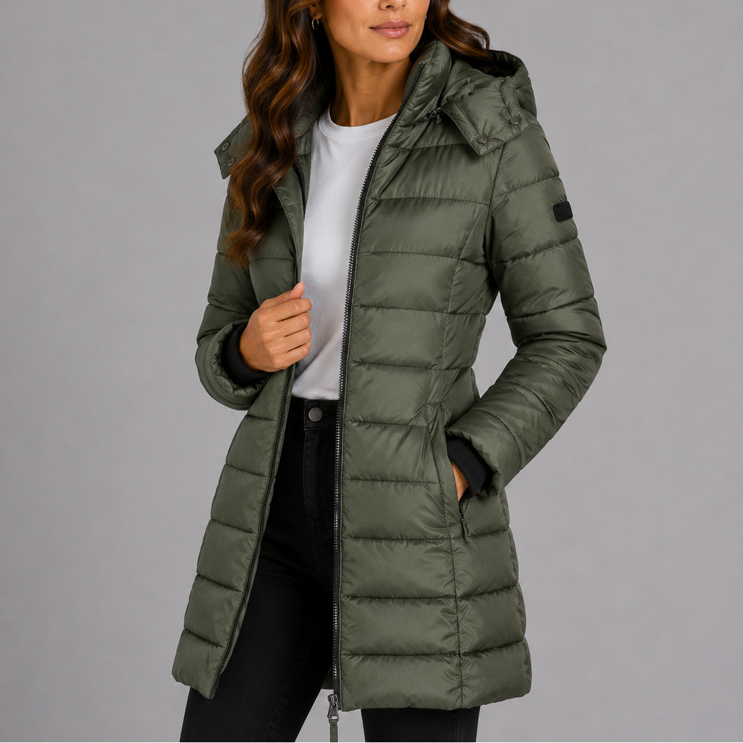 Piumino da donna con cappuccio trapuntato, giacca invernale lunga e slim - Verde