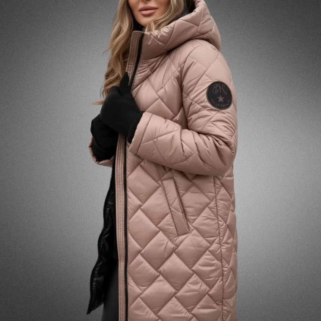 Piumino lungo da donna con cappuccio, giacca trapuntata invernale - Rosa