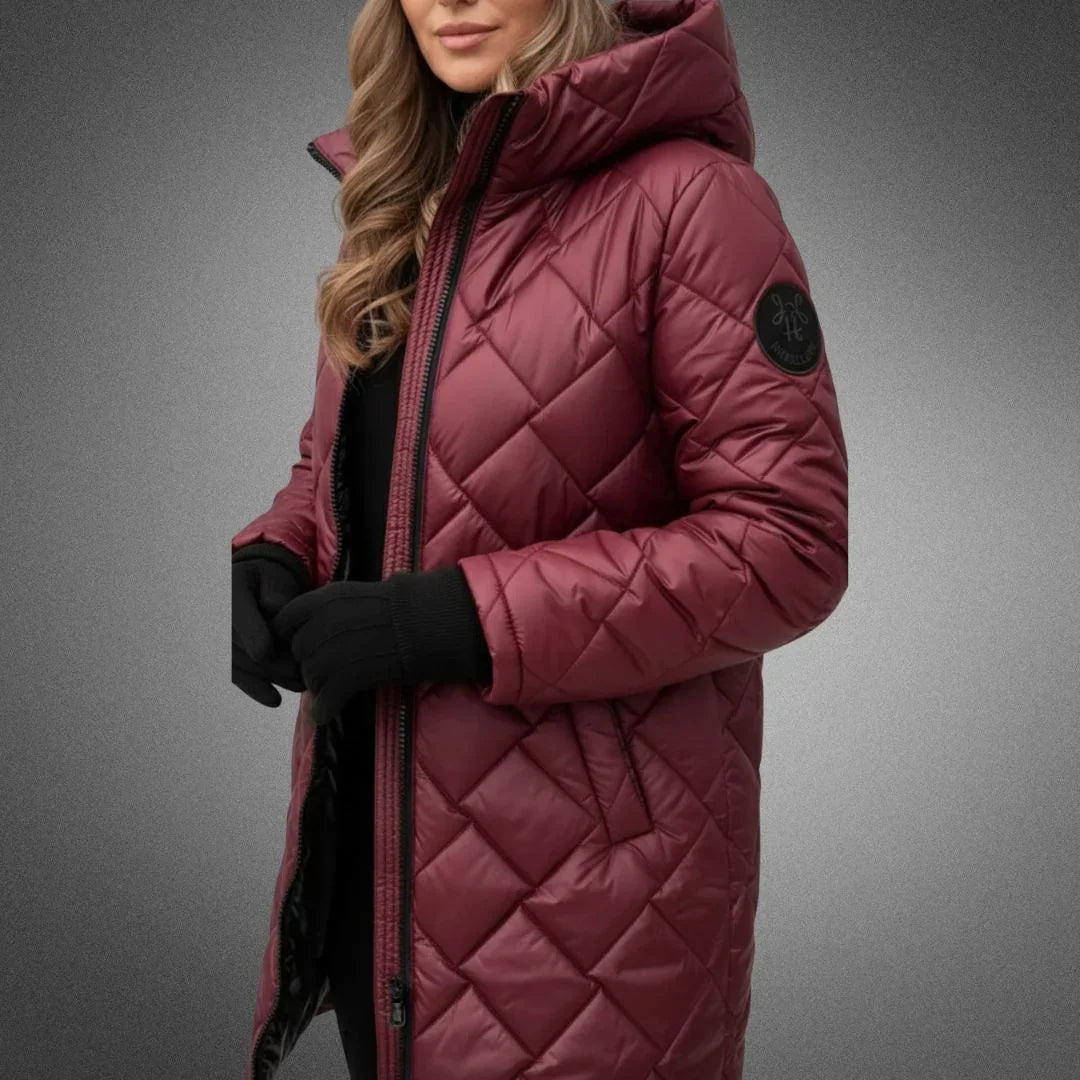 Piumino lungo da donna con cappuccio, giacca trapuntata invernale - Rosso