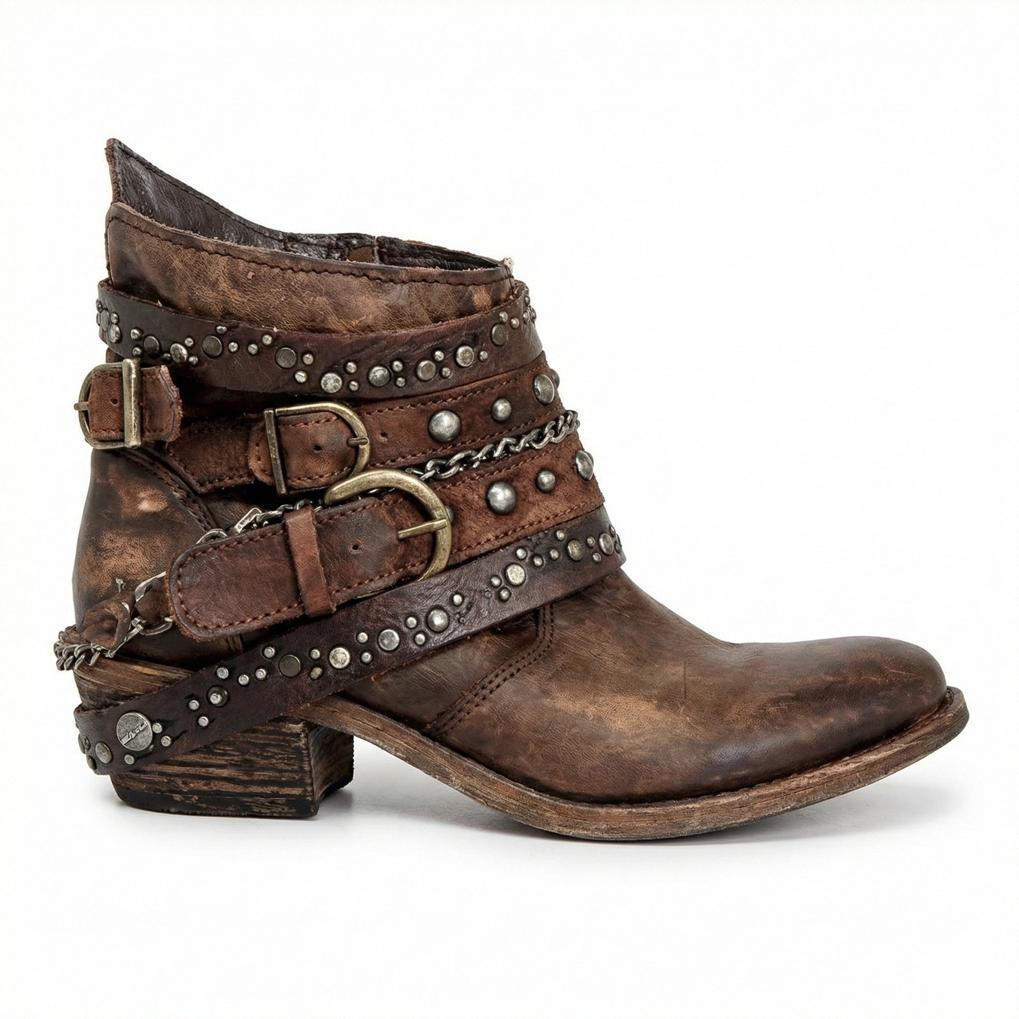 Stivaletti biker da donna con borchie e fibbie, tacco basso in stile vintage - Marrone
