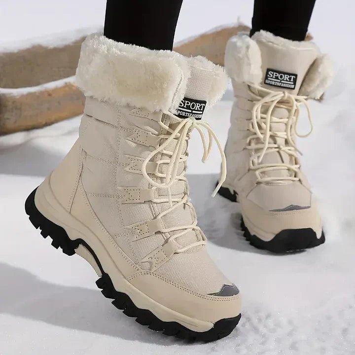 Stivali da neve da donna foderati in pelliccia con lacci e suola antiscivolo, caldi per l'inverno - Beige