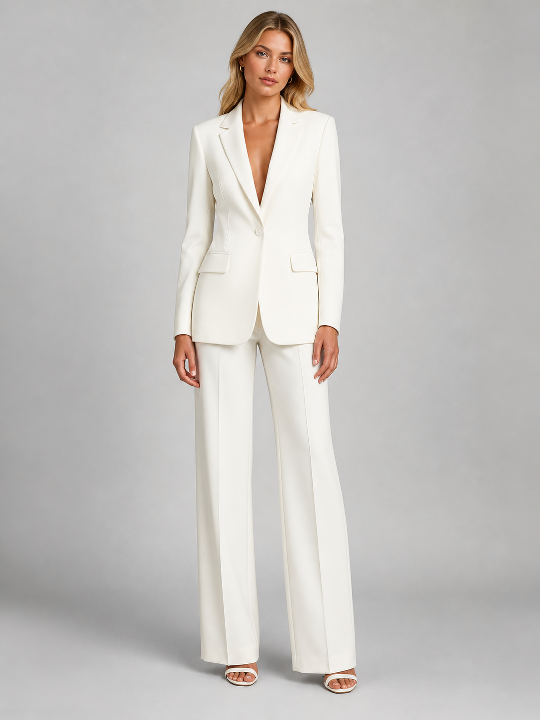 Tailleur pantalone da donna elegante con blazer e pantaloni a palazzo, per cerimonia, matrimonio e ufficio - Bianco