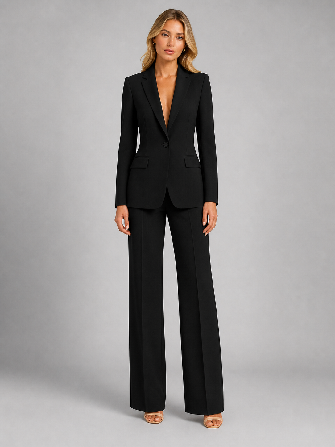 Tailleur pantalone da donna elegante con blazer e pantaloni a palazzo, per cerimonia, matrimonio e ufficio - Nero