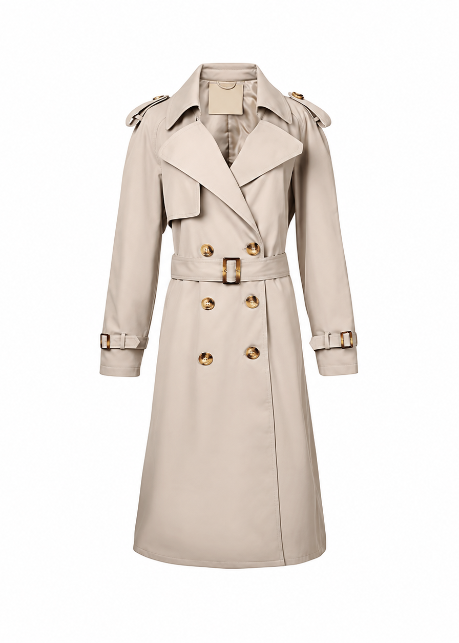 Trench da donna doppiopetto con cintura, lungo ed elegante - Marrone chiaro