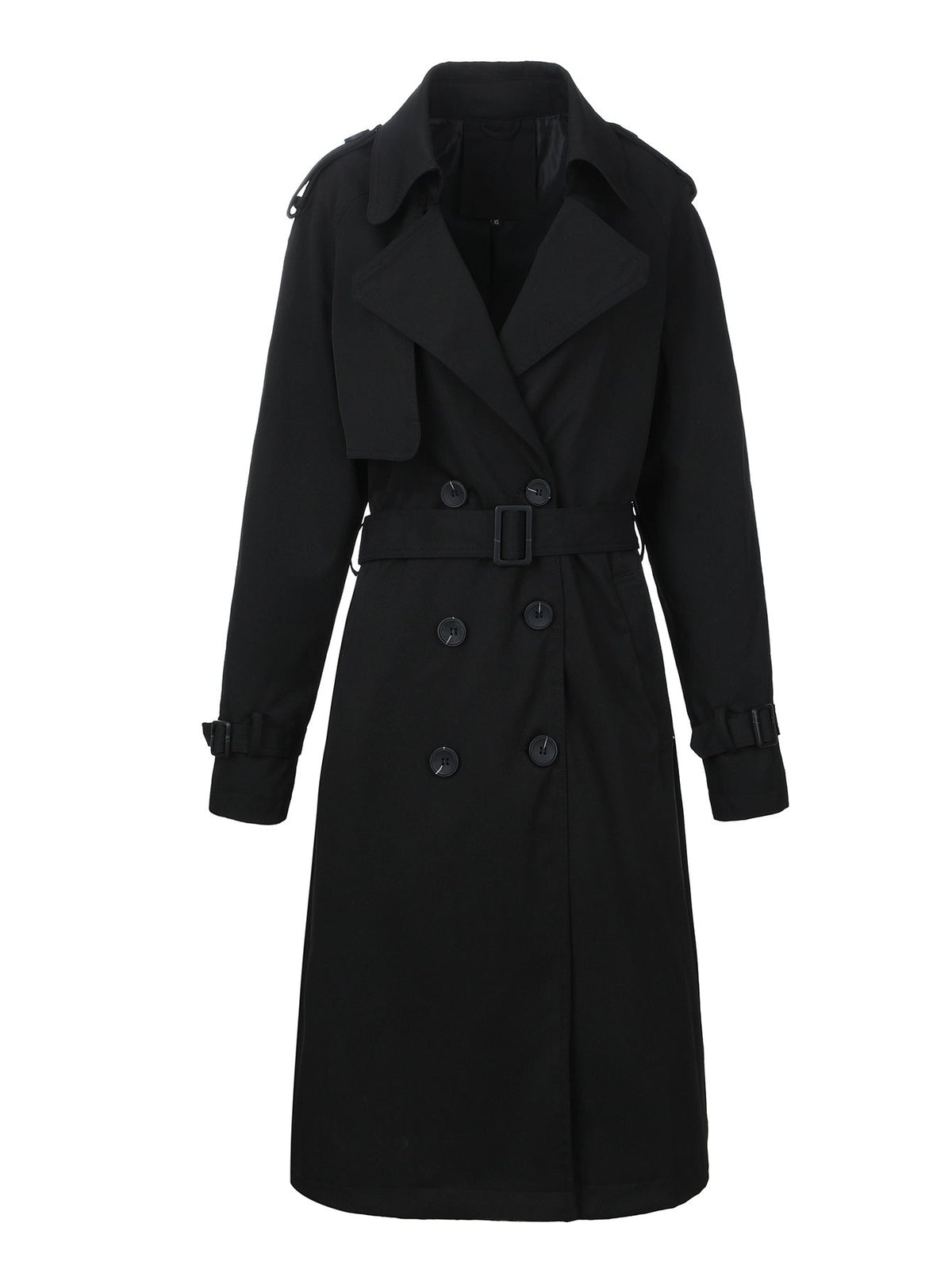 Trench da donna doppiopetto con cintura, lungo ed elegante - Nero