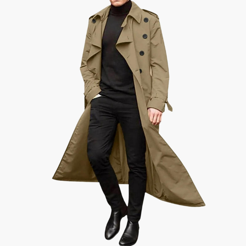 Trench da uomo lungo doppiopetto con collo a revers e cintura in vita - soprabito elegante - Kaki