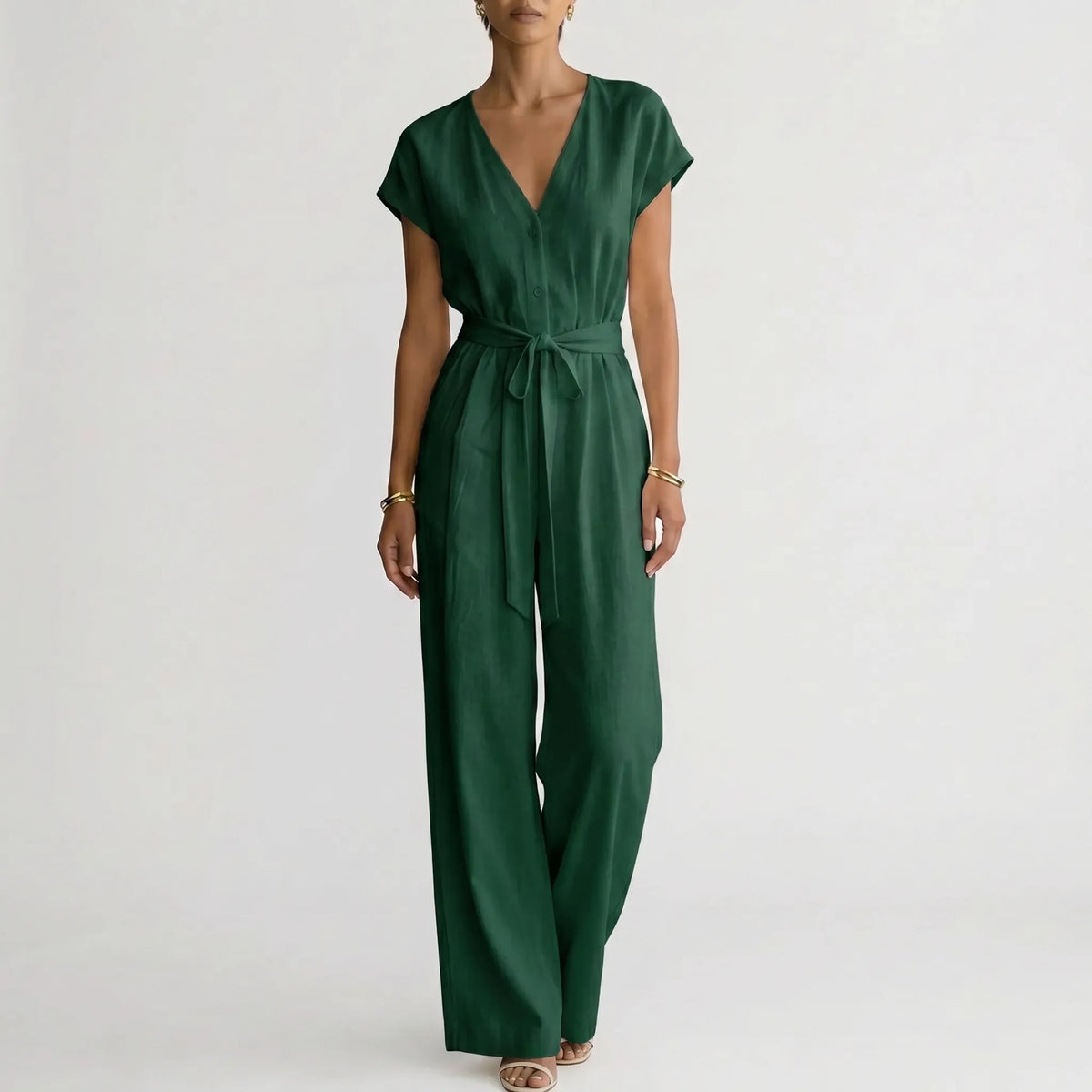 Tuta elegante intera da donna con scollo a V e gamba larga, per cerimonia e matrimonio - Verde scuro