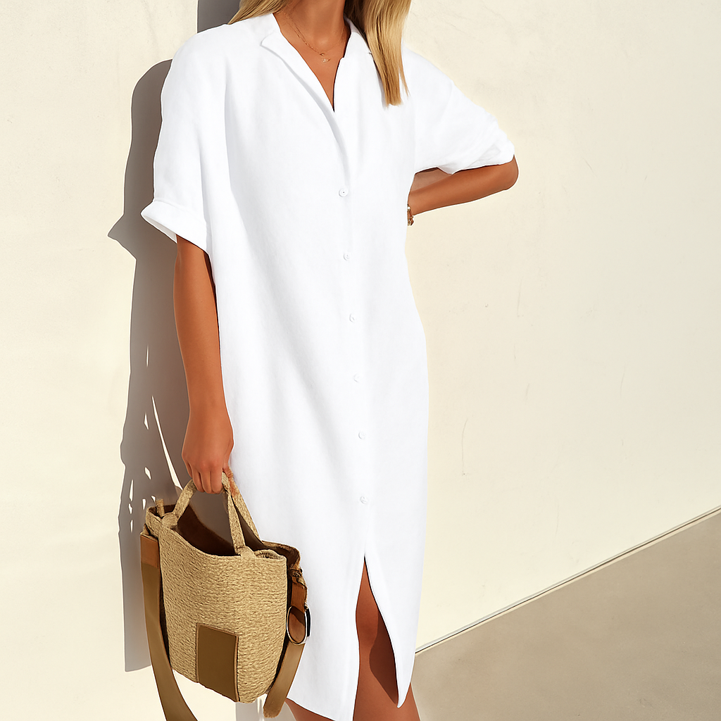 Vestito chemisier in lino da donna, midi a manica corta, estivo e casual - Bianco