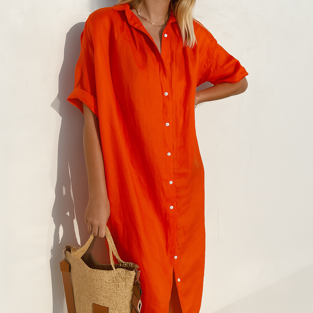 Vestito chemisier in lino da donna, midi a manica corta, estivo e casual - Rosso