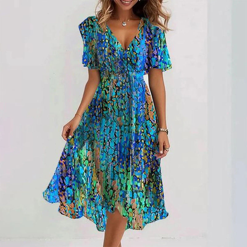 Vestito elegante da donna a fiori con scollo a V e manica corta, abito midi da cerimonia e matrimonio - Blu