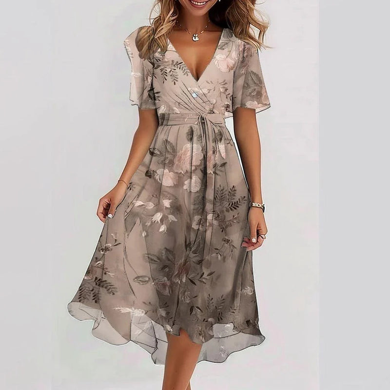 Vestito elegante da donna a fiori con scollo a V e manica corta, abito midi da cerimonia e matrimonio - Rosa