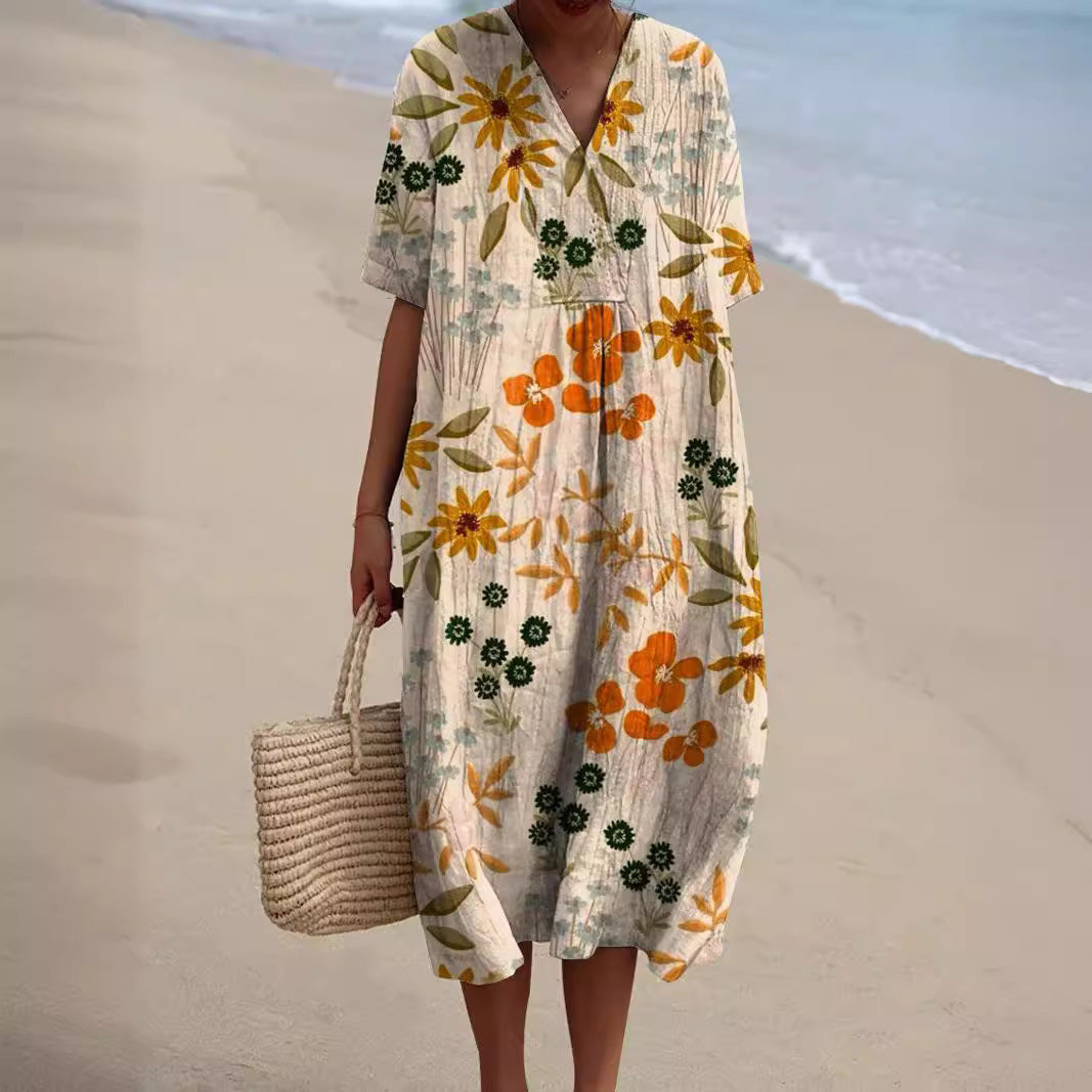 Vestito estivo a fiori da donna midi con scollo a V e manica corta, da mare - Beige