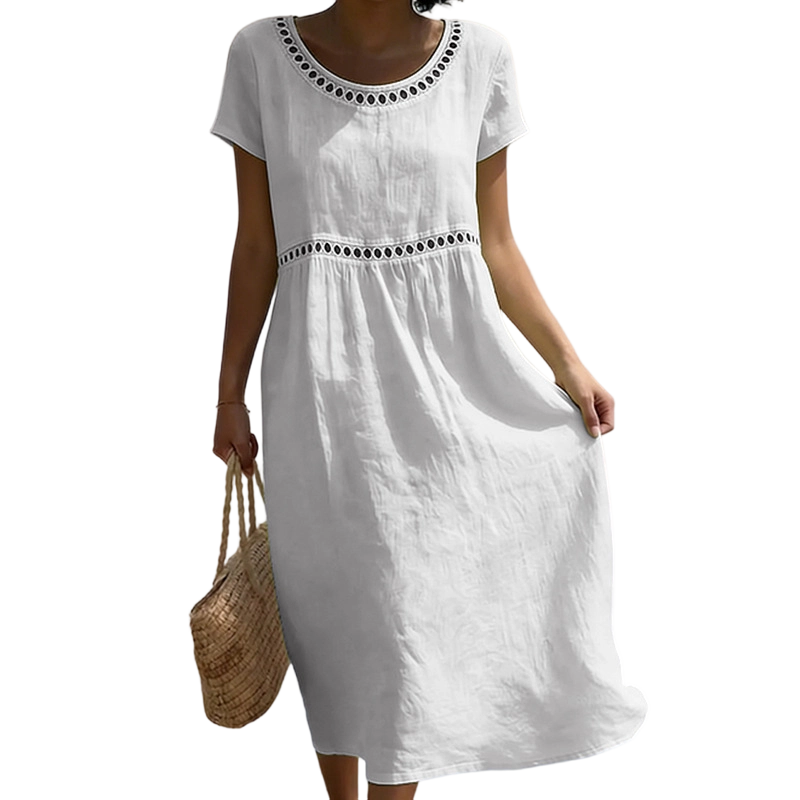 Vestito estivo midi da donna a manica corta con pizzo, effetto lino e linea ad A - Bianco