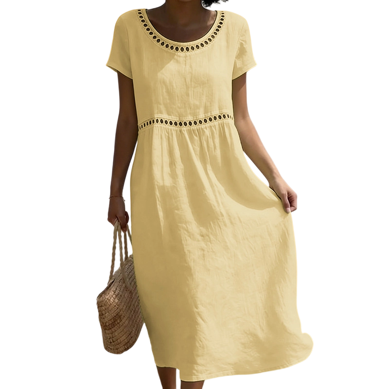 Vestito estivo midi da donna a manica corta con pizzo, effetto lino e linea ad A - Giallo
