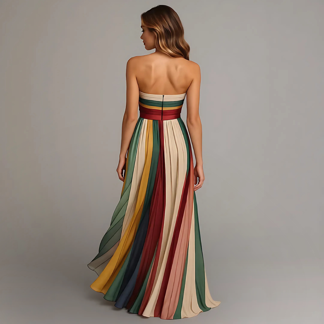 Vestito lungo da donna a righe, senza spalline, elegante per cerimonia e sera - view 4