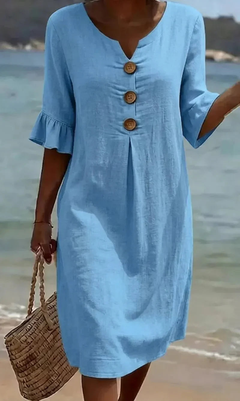 Vestito midi da donna effetto lino con scollo a V, bottoni in legno e maniche a balze, estivo e da mare - Blu