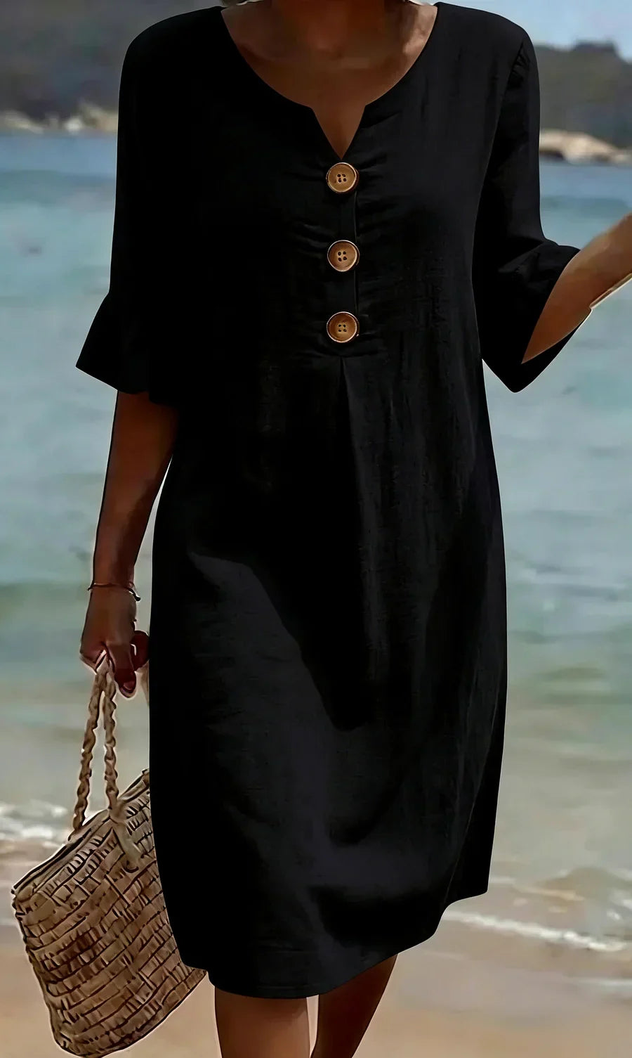 Vestito midi da donna effetto lino con scollo a V, bottoni in legno e maniche a balze, estivo e da mare - Nero
