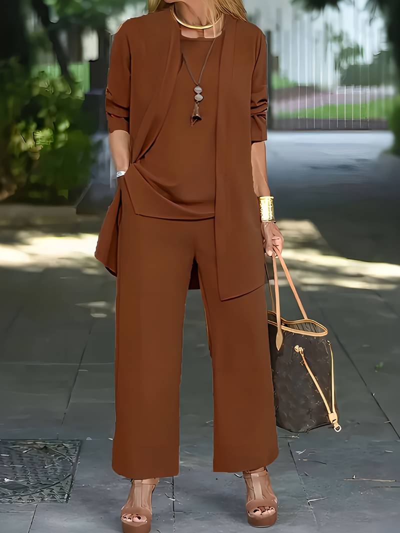 Glebronia | Set da tre pezzi con top, pantaloni a gamba larga e cardigan leggero