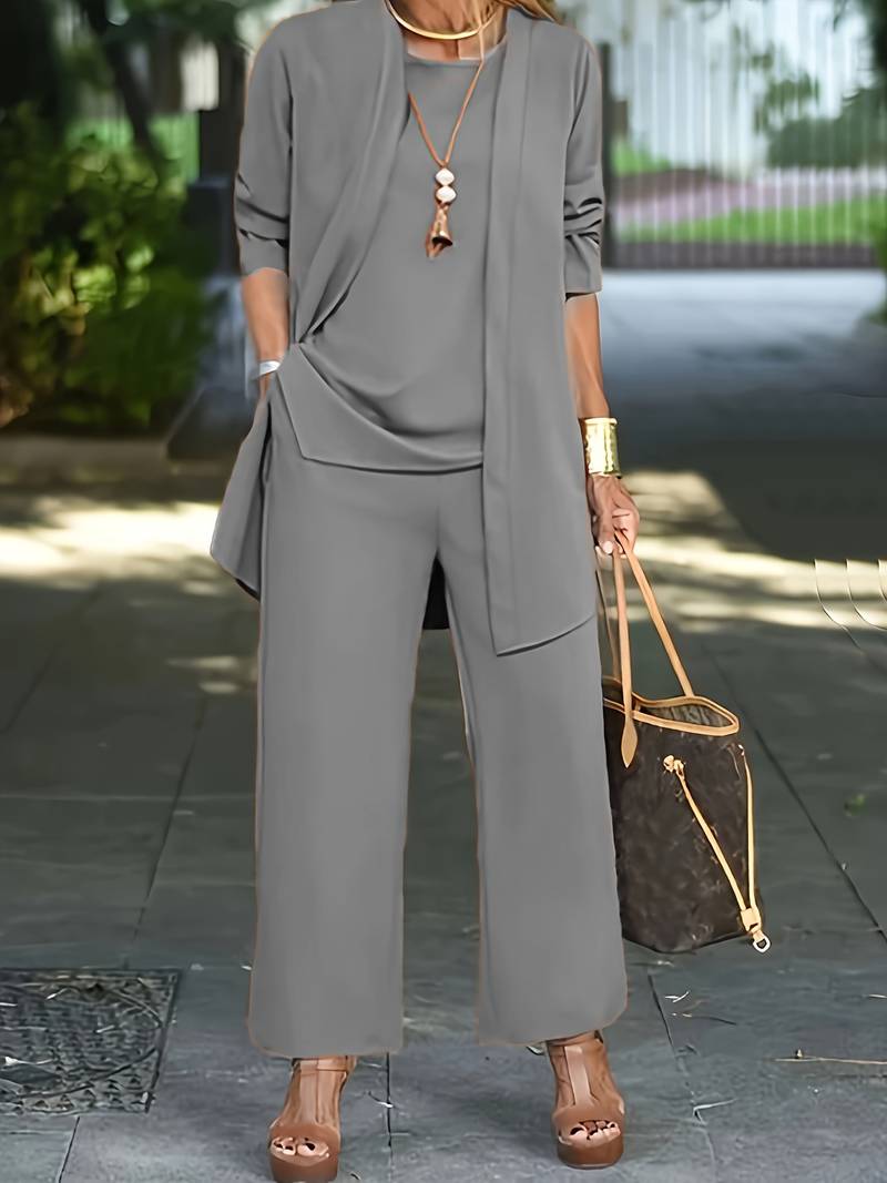 Glebronia | Set da tre pezzi con top, pantaloni a gamba larga e cardigan leggero