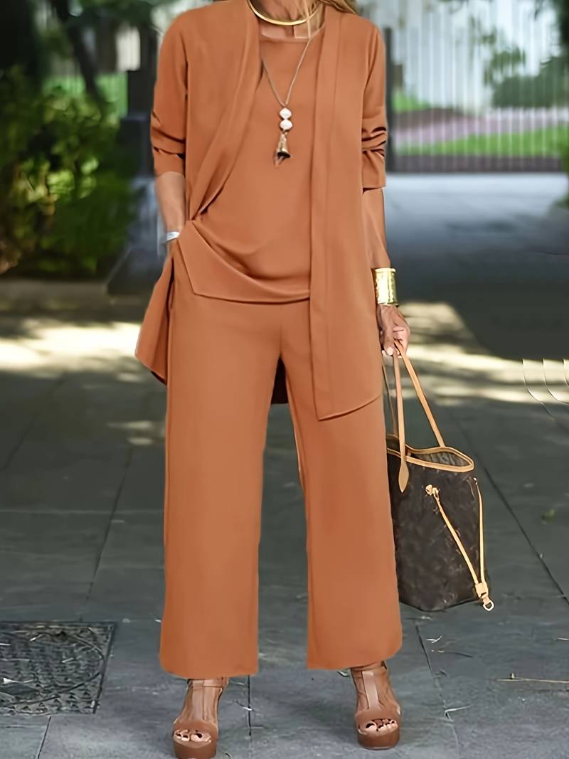 Glebronia | Set da tre pezzi con top, pantaloni a gamba larga e cardigan leggero