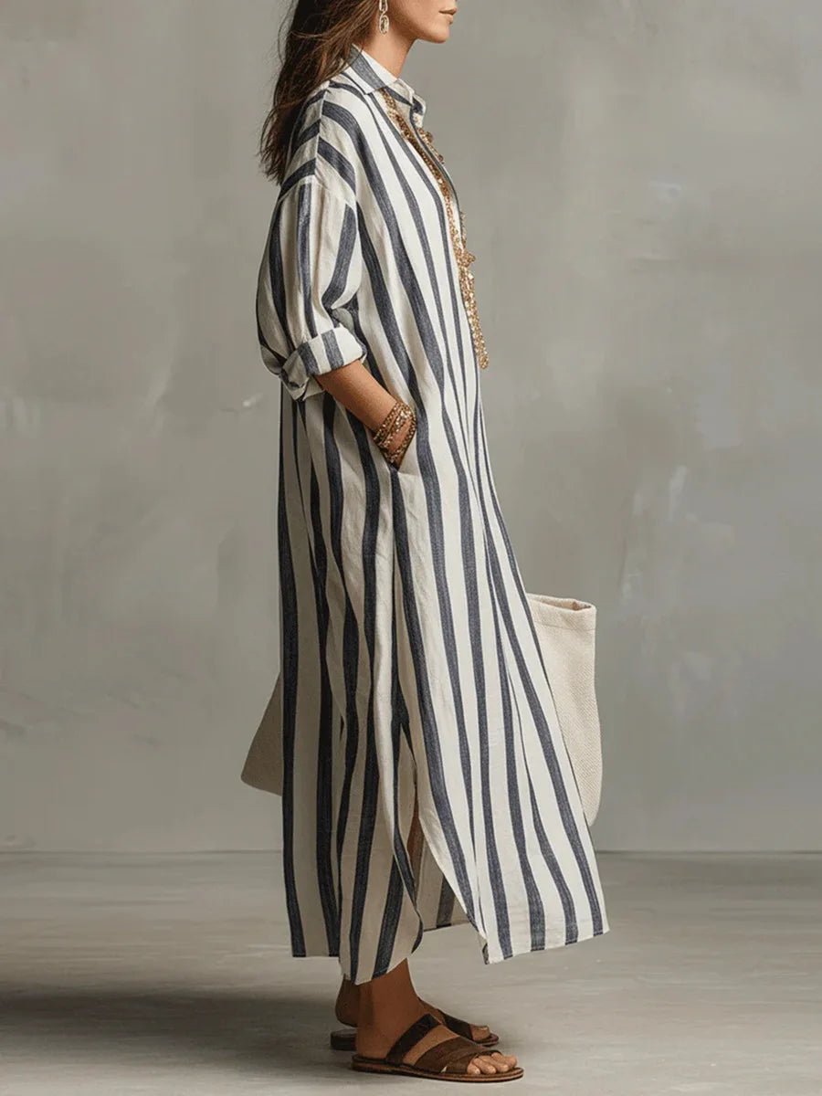 Abito chemisier di lino da donna a righe, oversize e lungo, per mare e vacanze estive - view 5