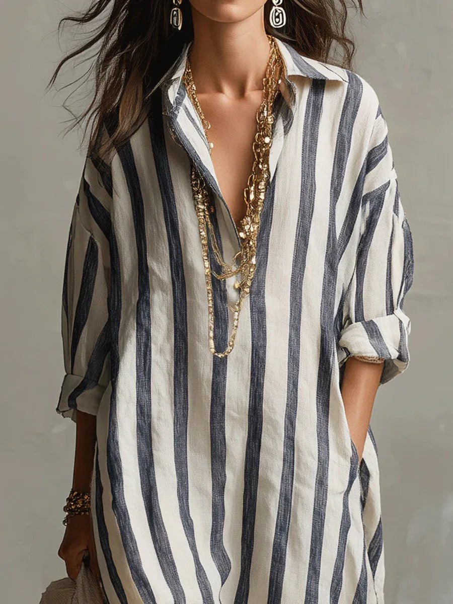 Abito chemisier di lino da donna a righe, oversize e lungo, per mare e vacanze estive - view 6