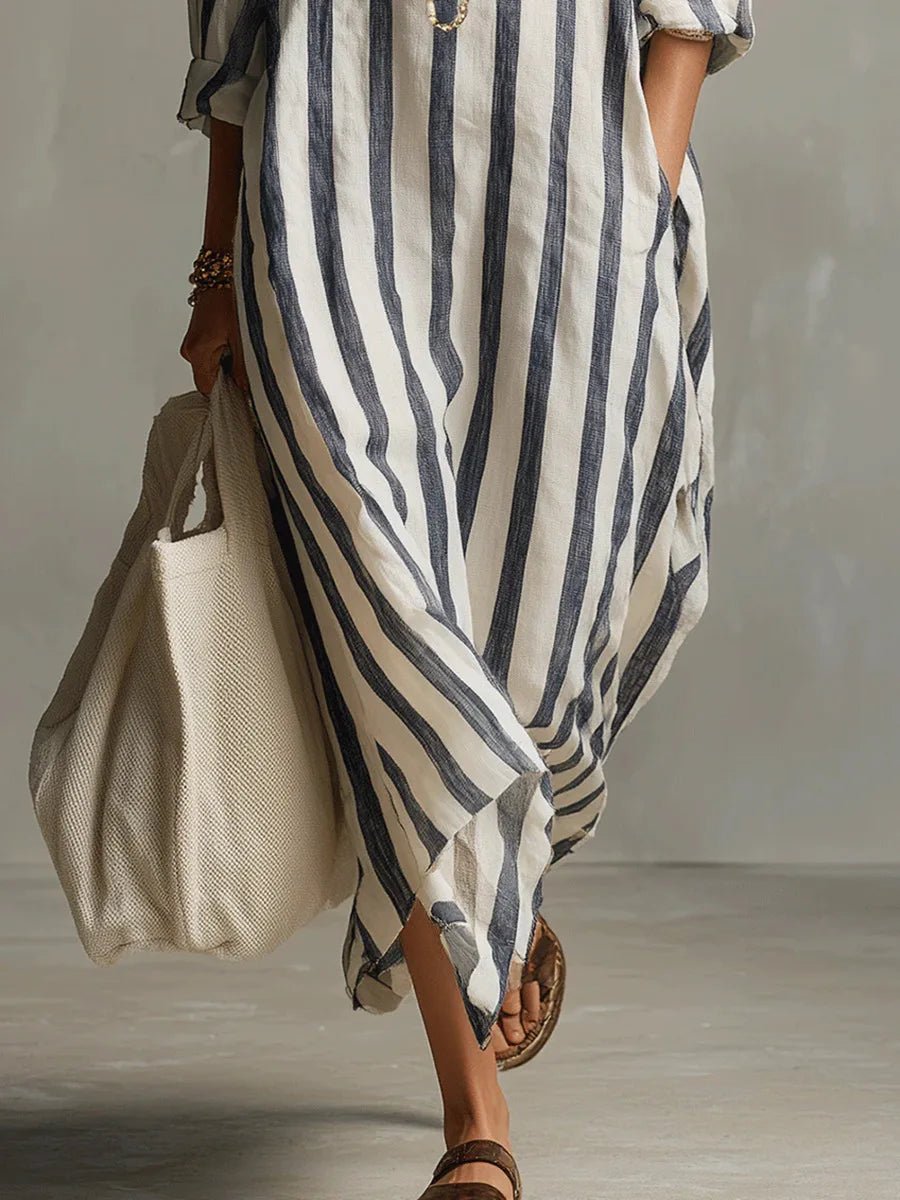 Abito chemisier di lino da donna a righe, oversize e lungo, per mare e vacanze estive - view 7