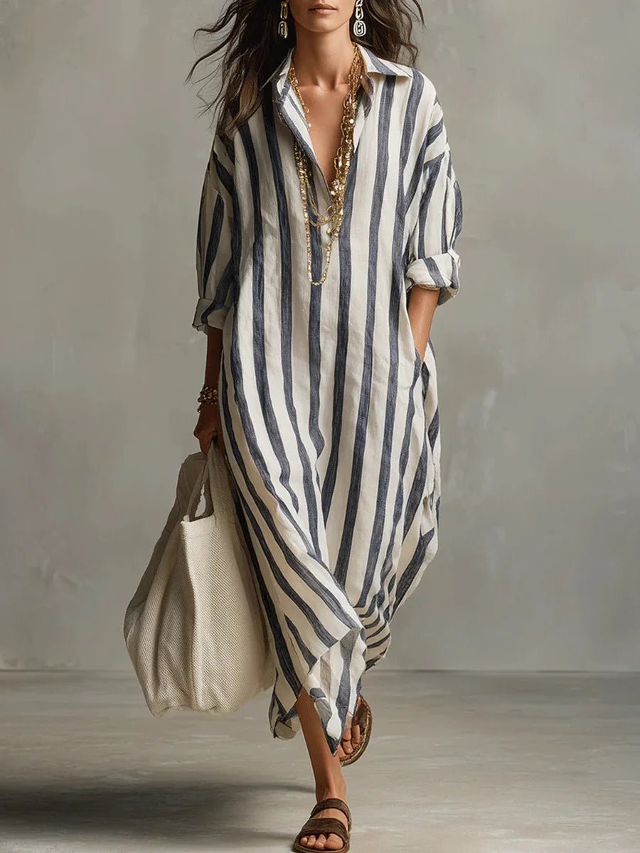Abito chemisier di lino da donna a righe, oversize e lungo, per mare e vacanze estive - Blu