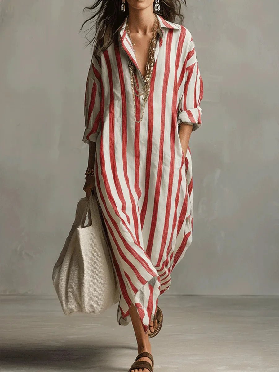 Abito chemisier di lino da donna a righe, oversize e lungo, per mare e vacanze estive - Rosso