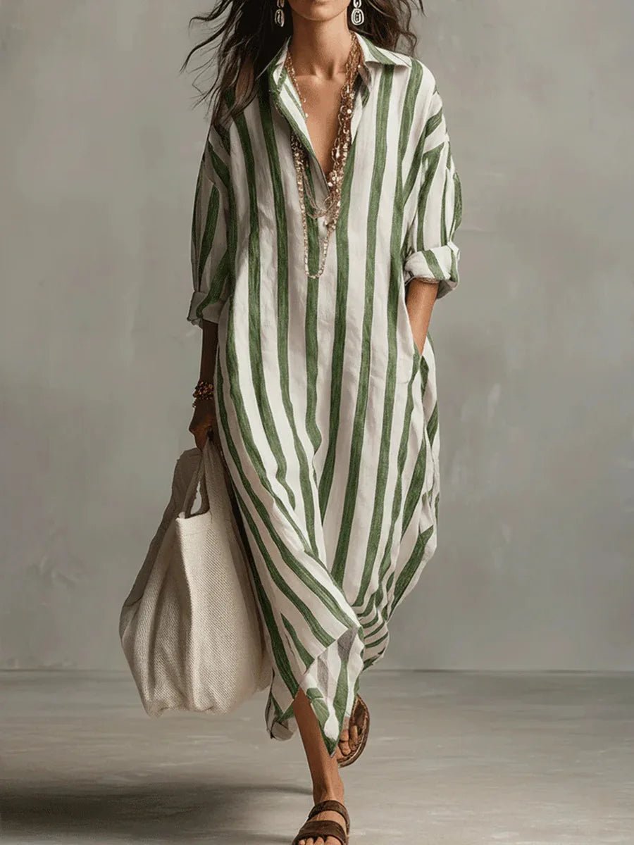 Abito chemisier di lino da donna a righe, oversize e lungo, per mare e vacanze estive - Verde