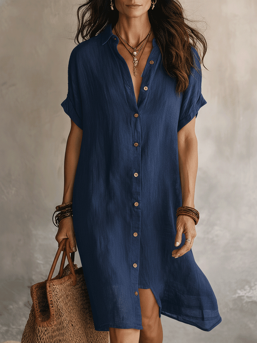 Abito chemisier midi in misto lino da donna a manica corta, casual per l'estate e il mare - Blu